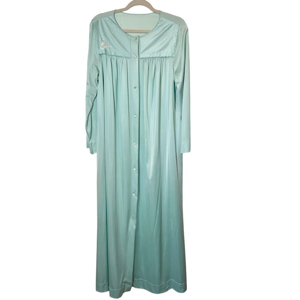 Vintage 70's Shadow Line Robe Mint Green Embroidered Roses Long Maxi Made in USA
